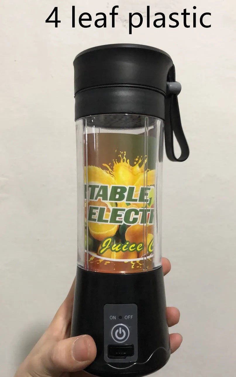 Mini USB electric centrifugal juicer with stainless steel blade, anti-slip base, and rope handle in blue plastic housing
