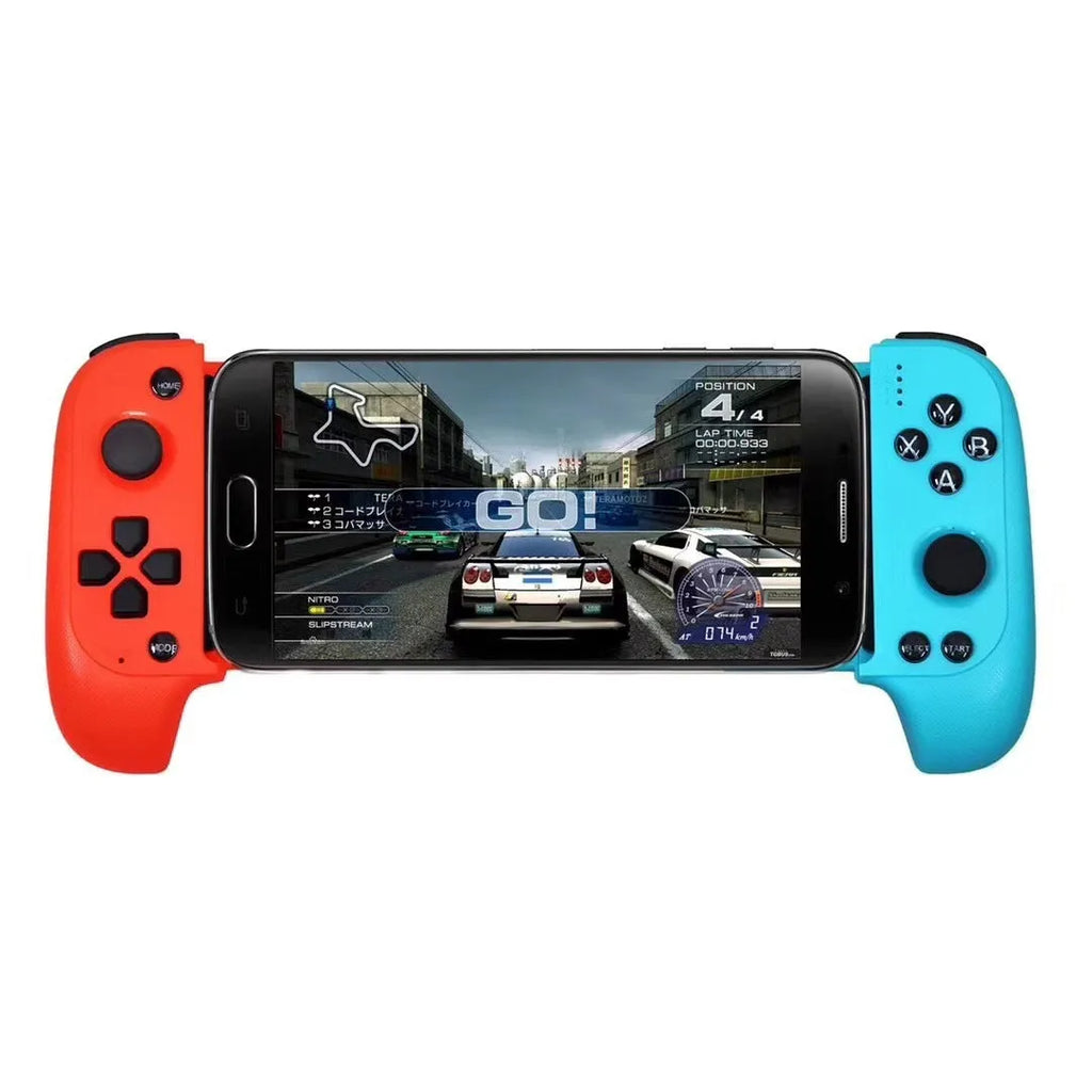Bluetooth wireless game controller with telescopic handle for mobile phones in black or red-blue colours
