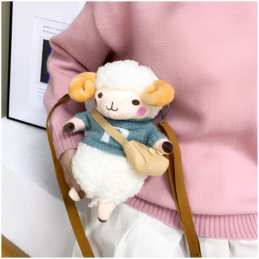 Little Sheep plush crossbody bag showing square shape, zipper opening, and colour contrast details