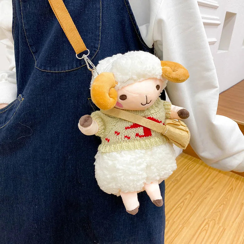 Little Sheep plush crossbody bag showing square shape, zipper opening, and colour contrast details