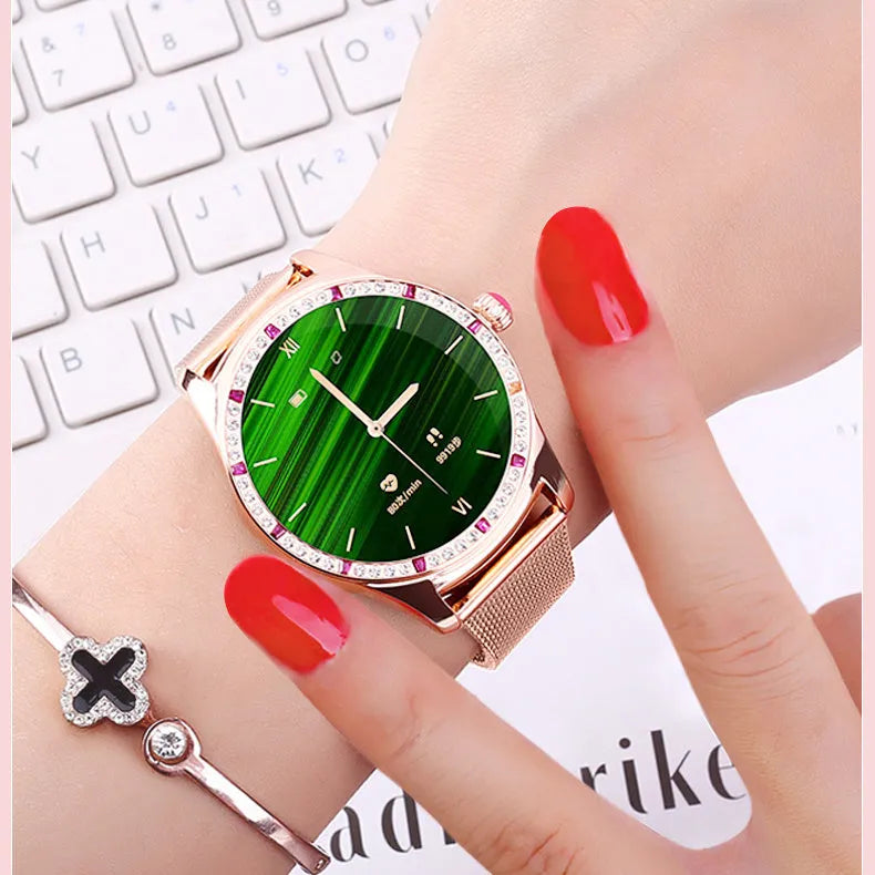 Ladies smart watch with 1.28-inch TPU screen, Bluetooth call, local music, and menstrual period reminder in gold colour