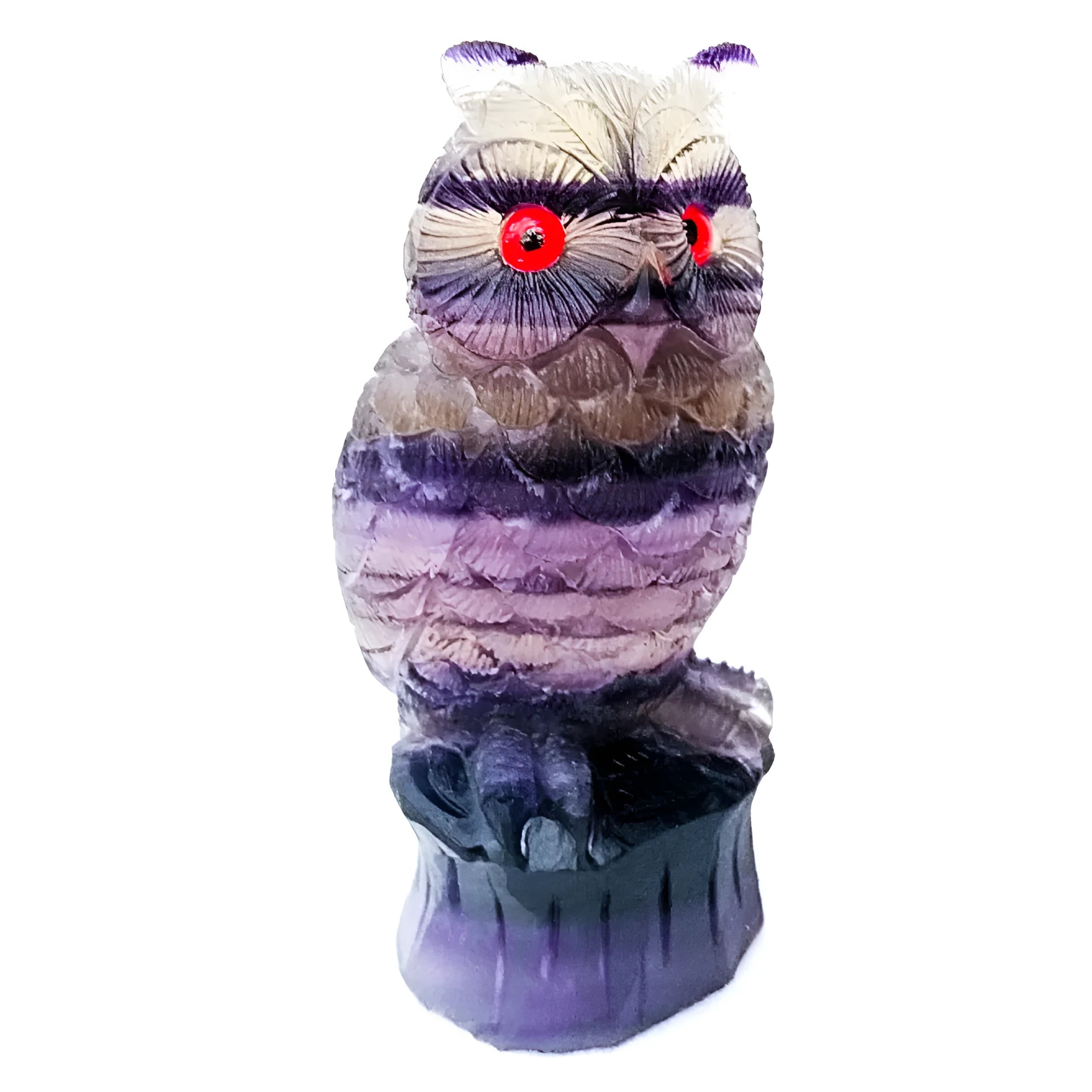 Purple fluorite carved owl ornament showing detailed hand-carved features and natural crystal texture
