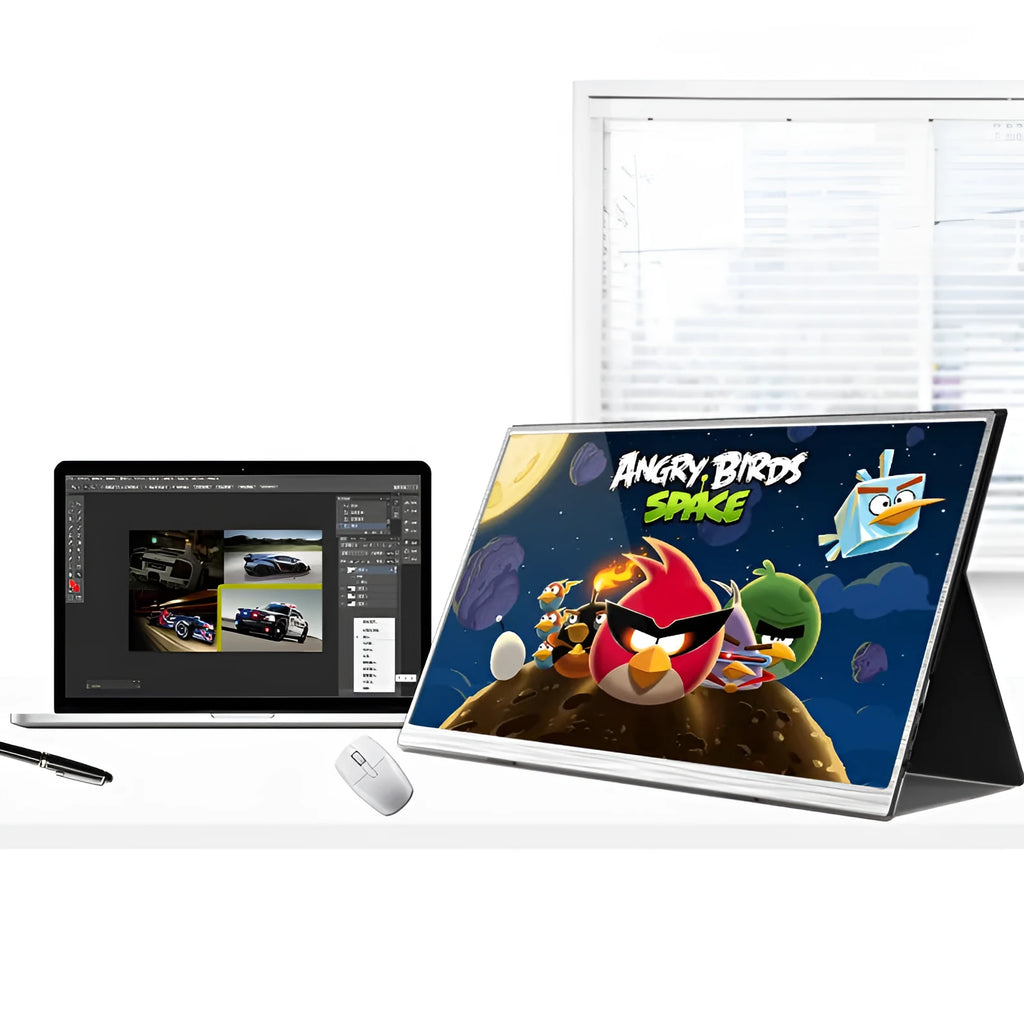 15 inch portable monitor with cables on a desk