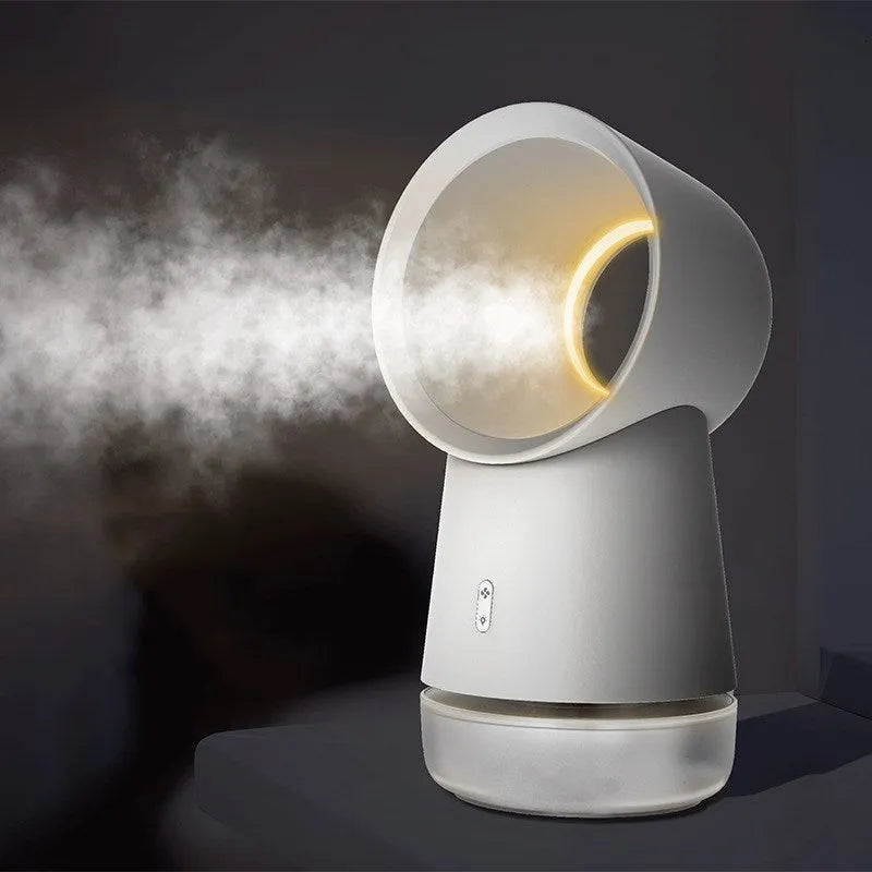 White round desktop humidifier with leafless fan and ultrasonic cool mist, 300ml tank, USB powered