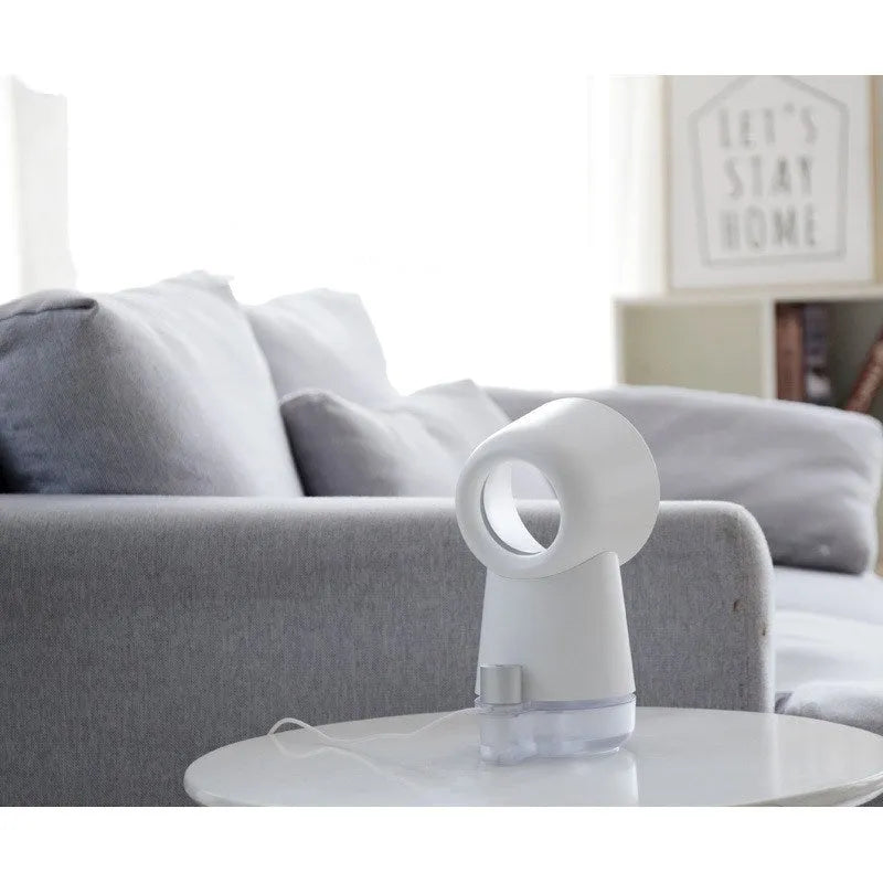 White round desktop humidifier with leafless fan and ultrasonic cool mist, 300ml tank, USB powered