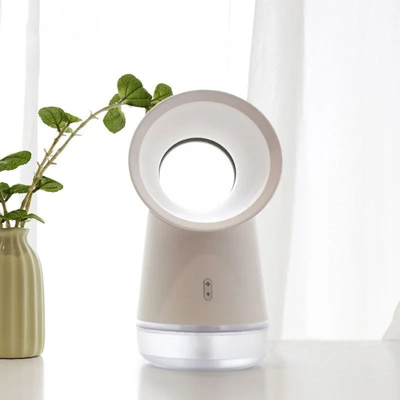 White round desktop humidifier with leafless fan and ultrasonic cool mist, 300ml tank, USB powered
