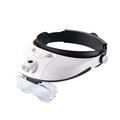 1.0-6.0X LED headband magnifier with five acrylic lenses and two LED lights on a neutral background