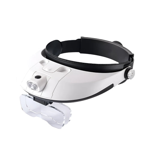 1.0-6.0X LED headband magnifier with five acrylic lenses and two LED lights on a neutral background
