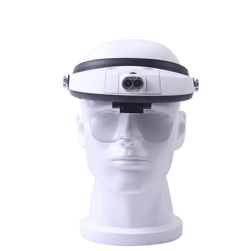 1.0-6.0X LED headband magnifier with five acrylic lenses and two LED lights on a neutral background