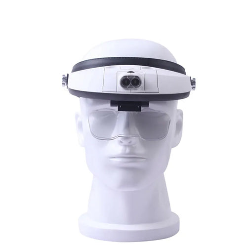 1.0-6.0X LED headband magnifier with five acrylic lenses and two LED lights on a neutral background