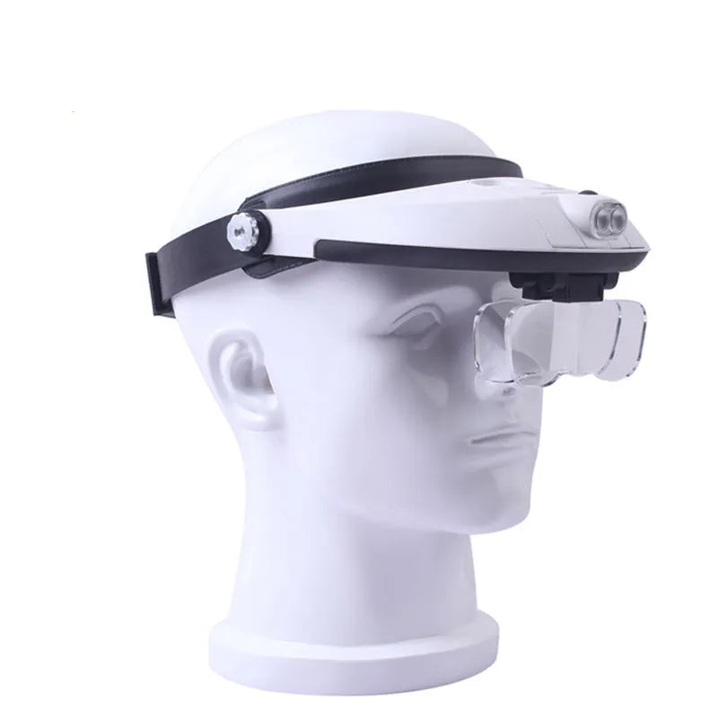 1.0-6.0X LED headband magnifier with five acrylic lenses and two LED lights on a neutral background