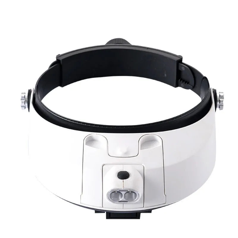 1.0-6.0X LED headband magnifier with five acrylic lenses and two LED lights on a neutral background