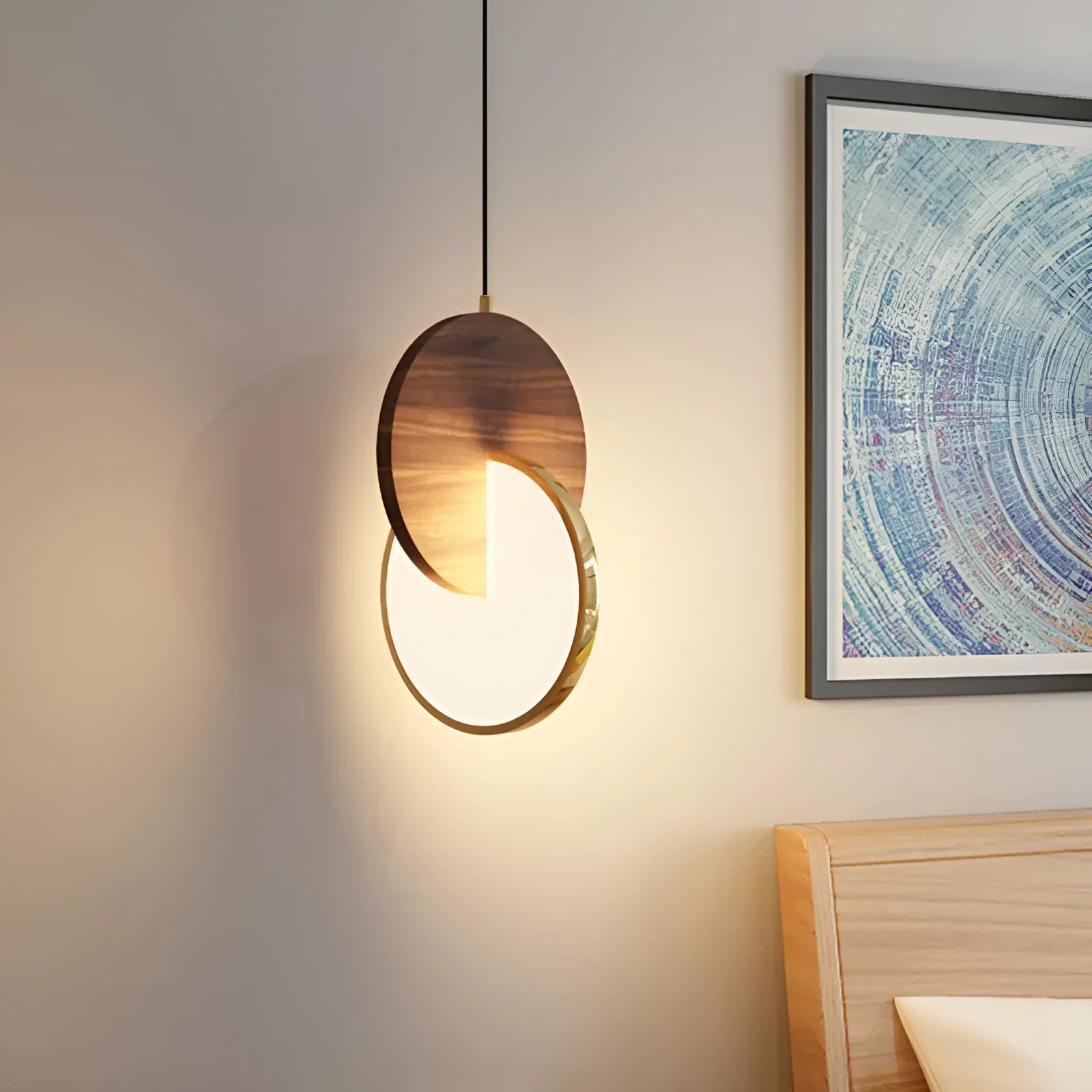 Long-line walnut wood chandelier with carved detailing and warm white lighting