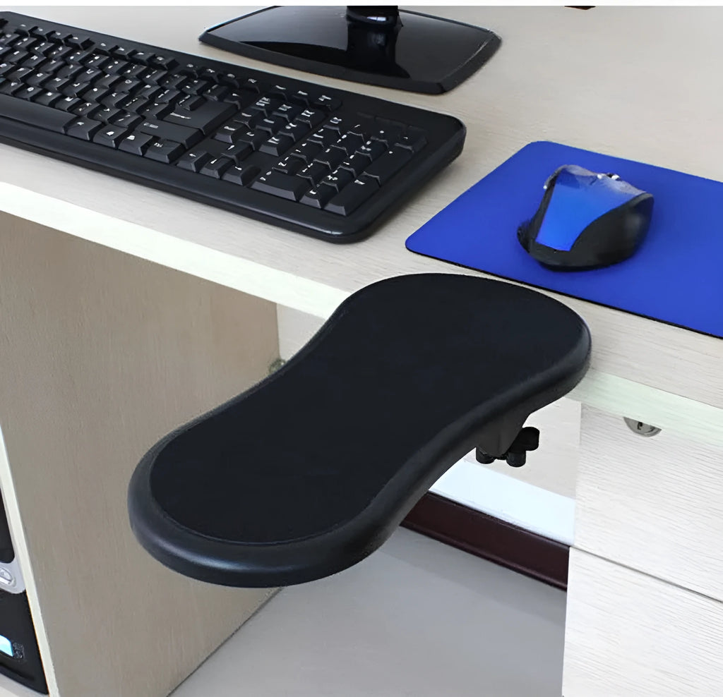 Black rotatable plastic wrist pad with 180-degree hand bracket, 290mm size, on a desk with a keyboard and mouse
