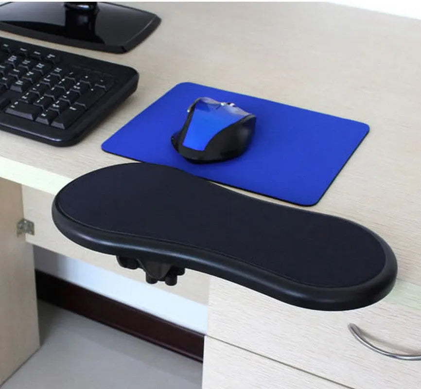 Black rotatable plastic wrist pad with 180-degree hand bracket, 290mm size, on a desk with a keyboard and mouse