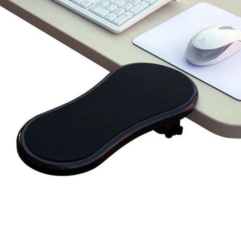 Black rotatable plastic wrist pad with 180-degree hand bracket, 290mm size, on a desk with a keyboard and mouse