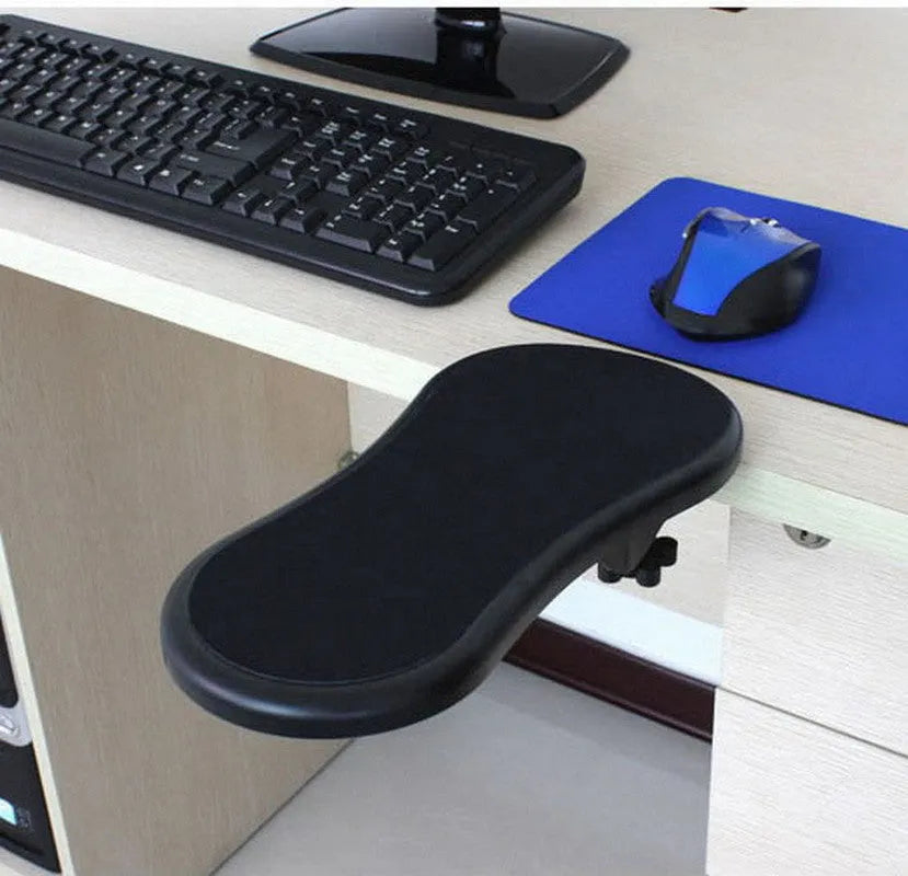Black rotatable plastic wrist pad with 180-degree hand bracket, 290mm size, on a desk with a keyboard and mouse
