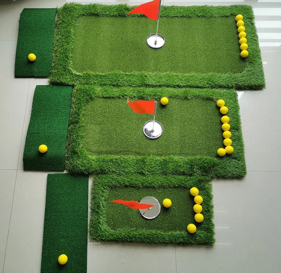 Green synthetic grass golf practice mat on a hard floor, shown in a customisable rectangular size.