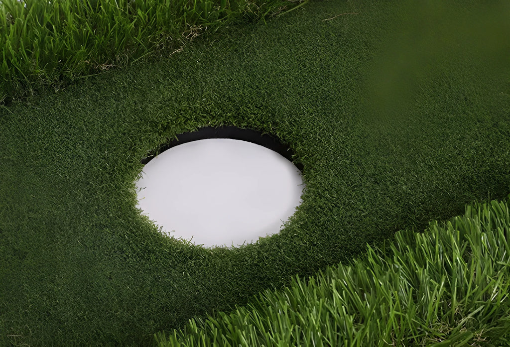 Green synthetic grass golf practice mat on a hard floor, shown in a customisable rectangular size.