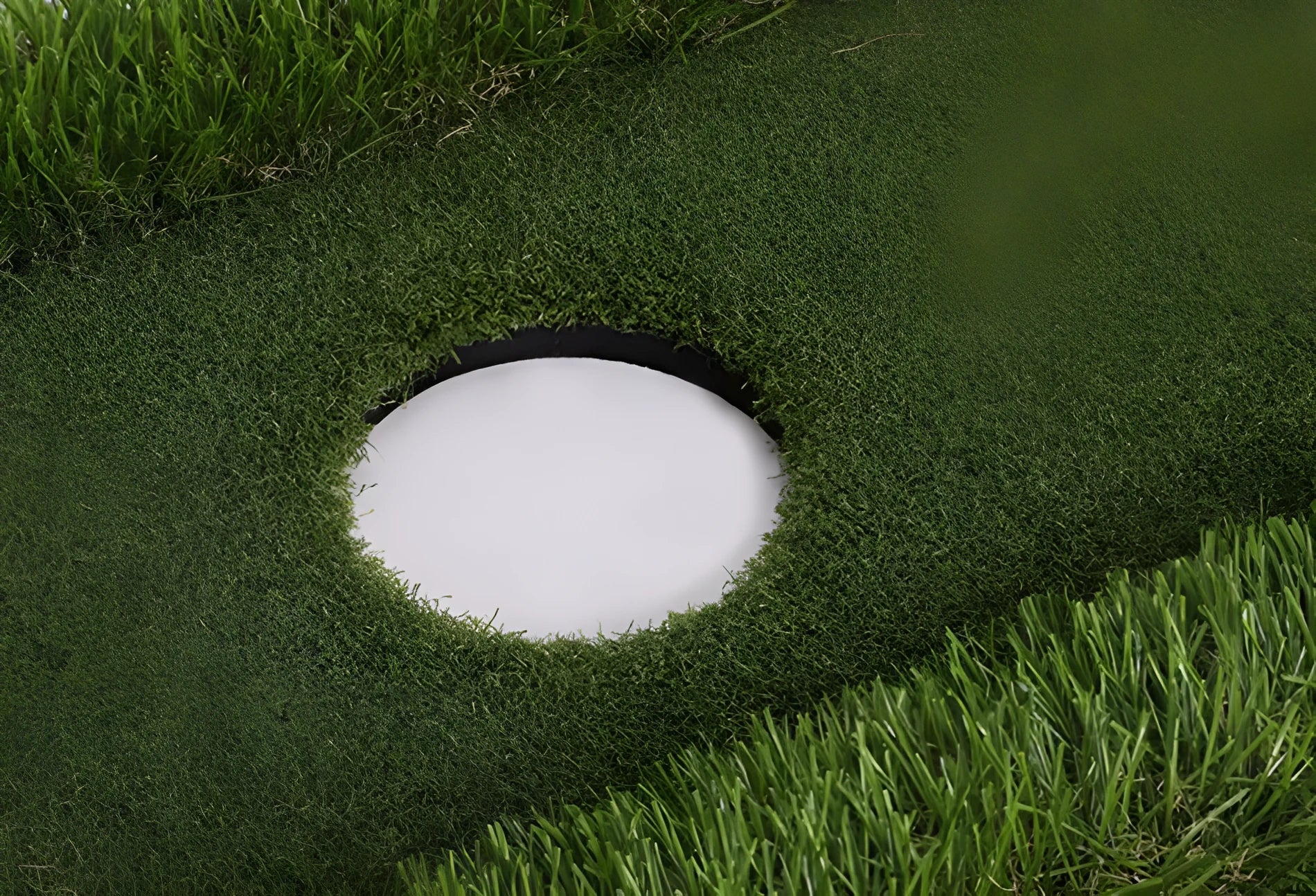 Green synthetic grass golf practice mat on a hard floor, shown in a customisable rectangular size.