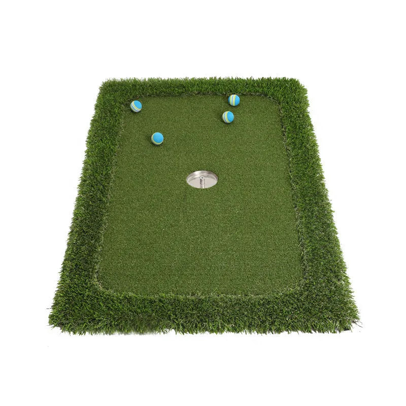 Green synthetic grass golf practice mat on a hard floor, shown in a customisable rectangular size.
