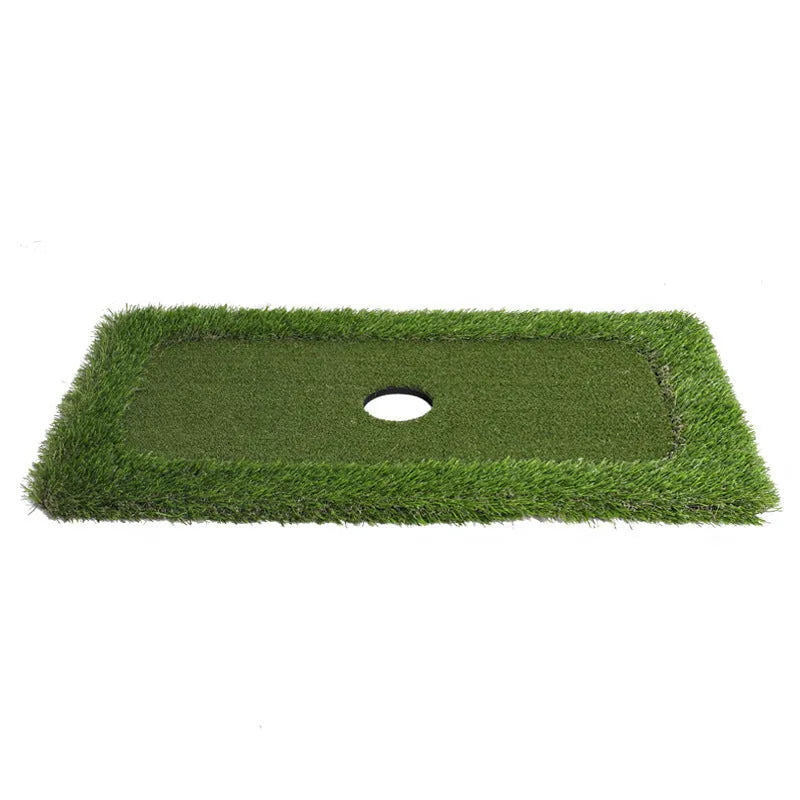 Green synthetic grass golf practice mat on a hard floor, shown in a customisable rectangular size.