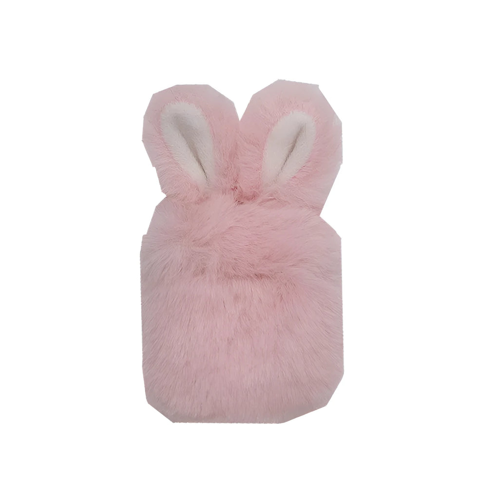 Pink soft silicone Airpod protective cover with grey plush rabbit ears attached to the top.