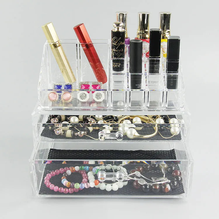 Transparent acrylic makeup storage box with foldable design showing 18L capacity