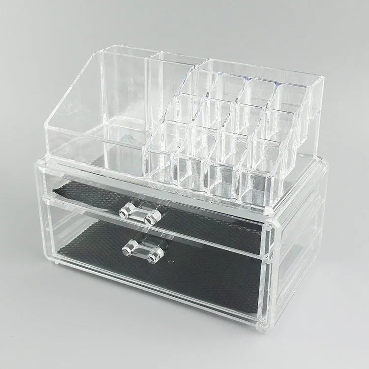 Transparent acrylic makeup storage box with foldable design showing 18L capacity