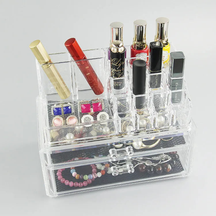 Transparent acrylic makeup storage box with foldable design showing 18L capacity