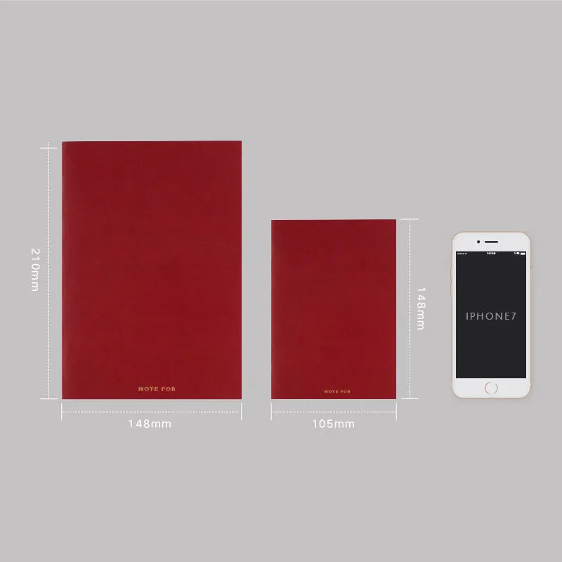 Soft imitation leather notebook with bronzing details, A5 size, red colour, showing dot matrix page interior