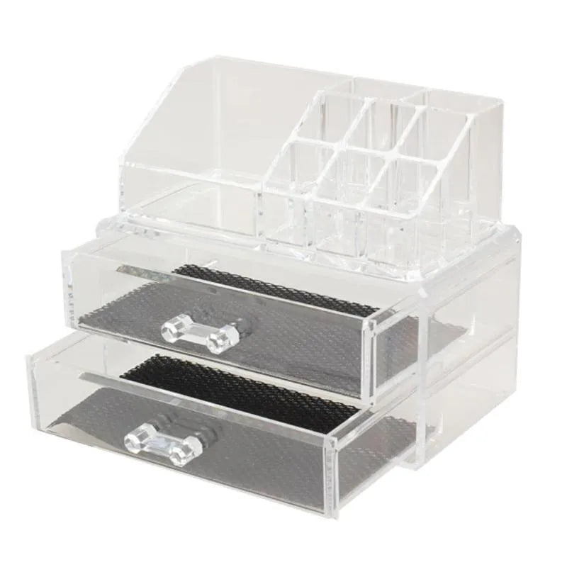 Transparent acrylic makeup storage box with foldable design showing 18L capacity