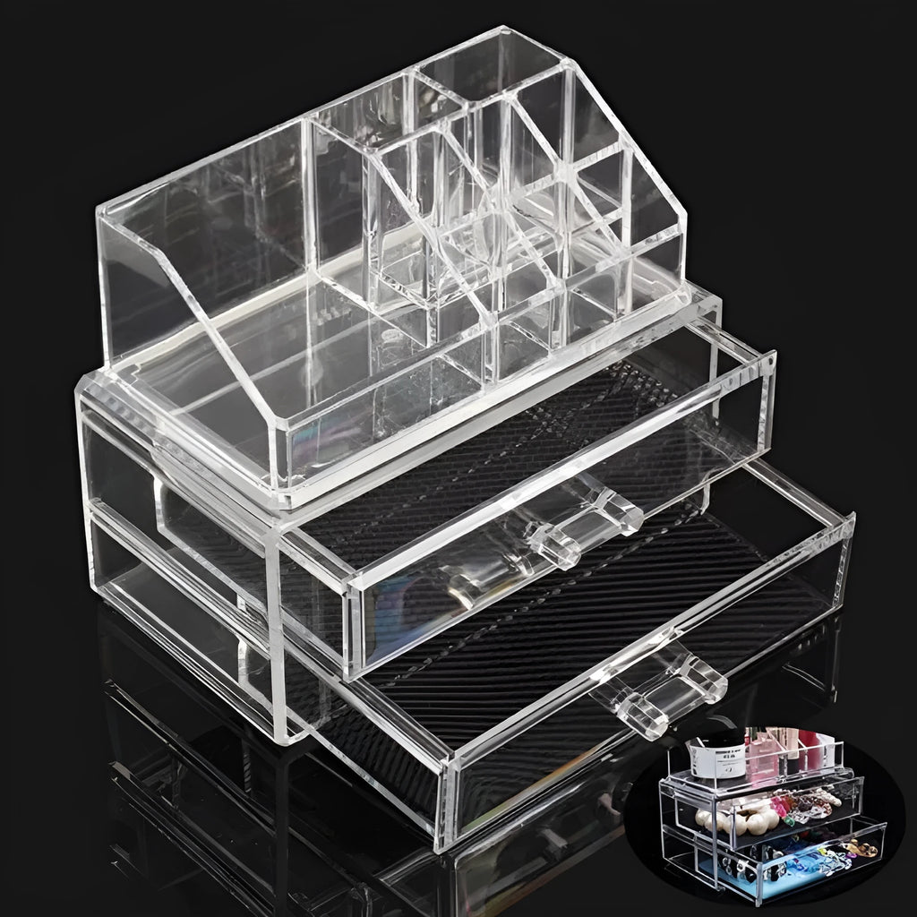 Transparent acrylic makeup storage box with foldable design showing 18L capacity