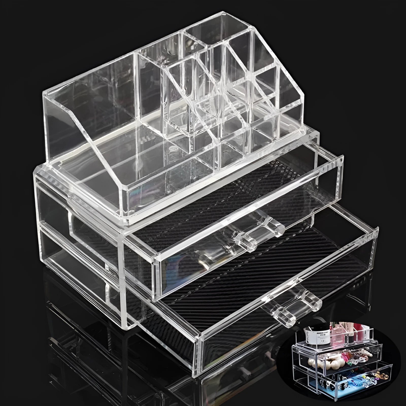 Transparent acrylic makeup storage box with foldable design showing 18L capacity