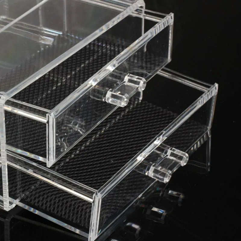 Transparent acrylic makeup storage box with foldable design showing 18L capacity