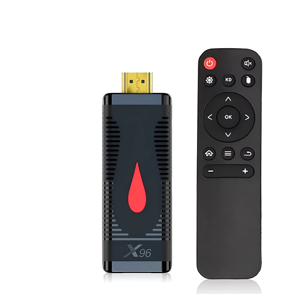 Compact Allwinner H313 smart TV set-top box dongle with remote control and power adapter