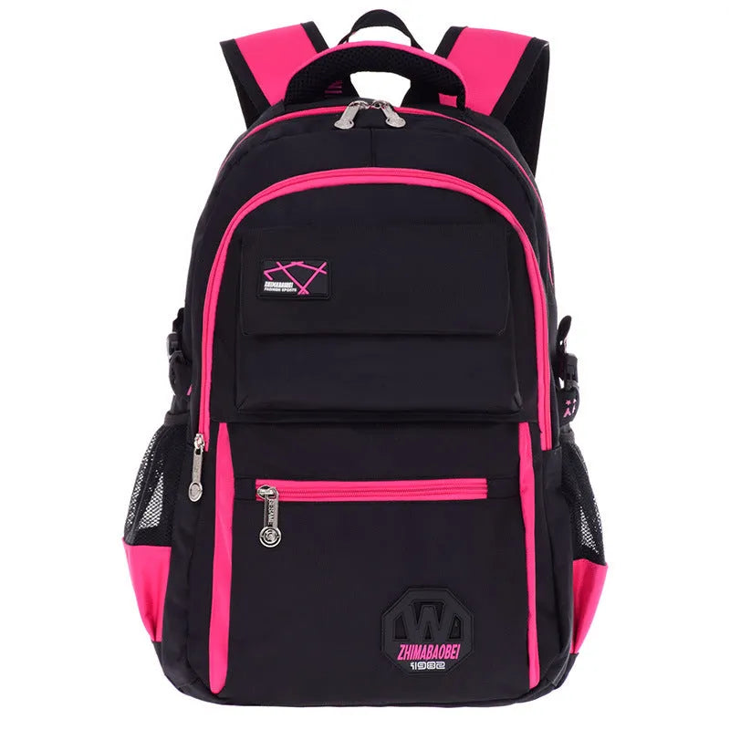 Green waterproof nylon student backpack with side pockets and mesh bottle holder, shown with dimensions 46x30x18 cm.