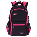 Green waterproof nylon student backpack with side pockets and mesh bottle holder, shown with dimensions 46x30x18 cm.