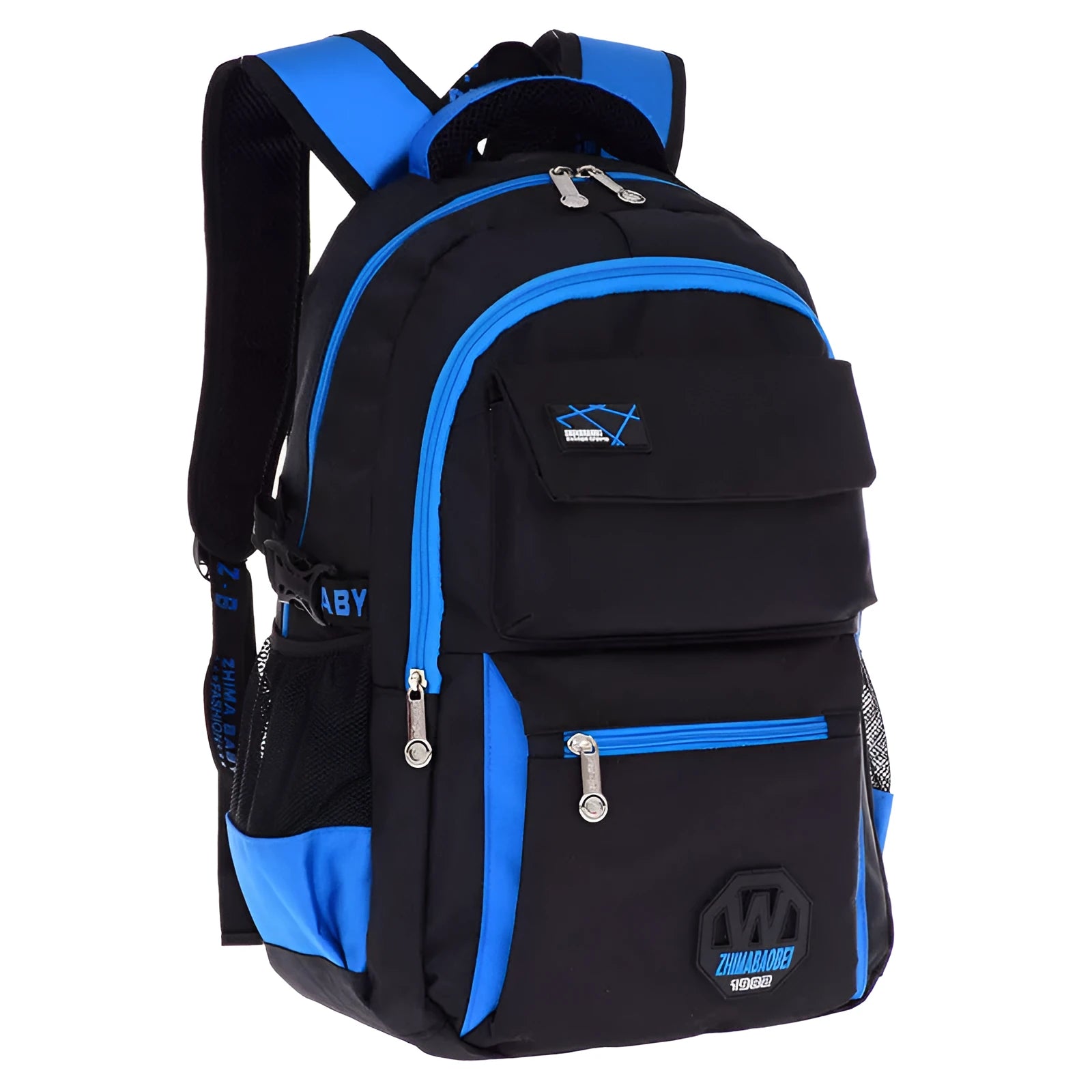 Green waterproof nylon student backpack with side pockets and mesh bottle holder, shown with dimensions 46x30x18 cm.