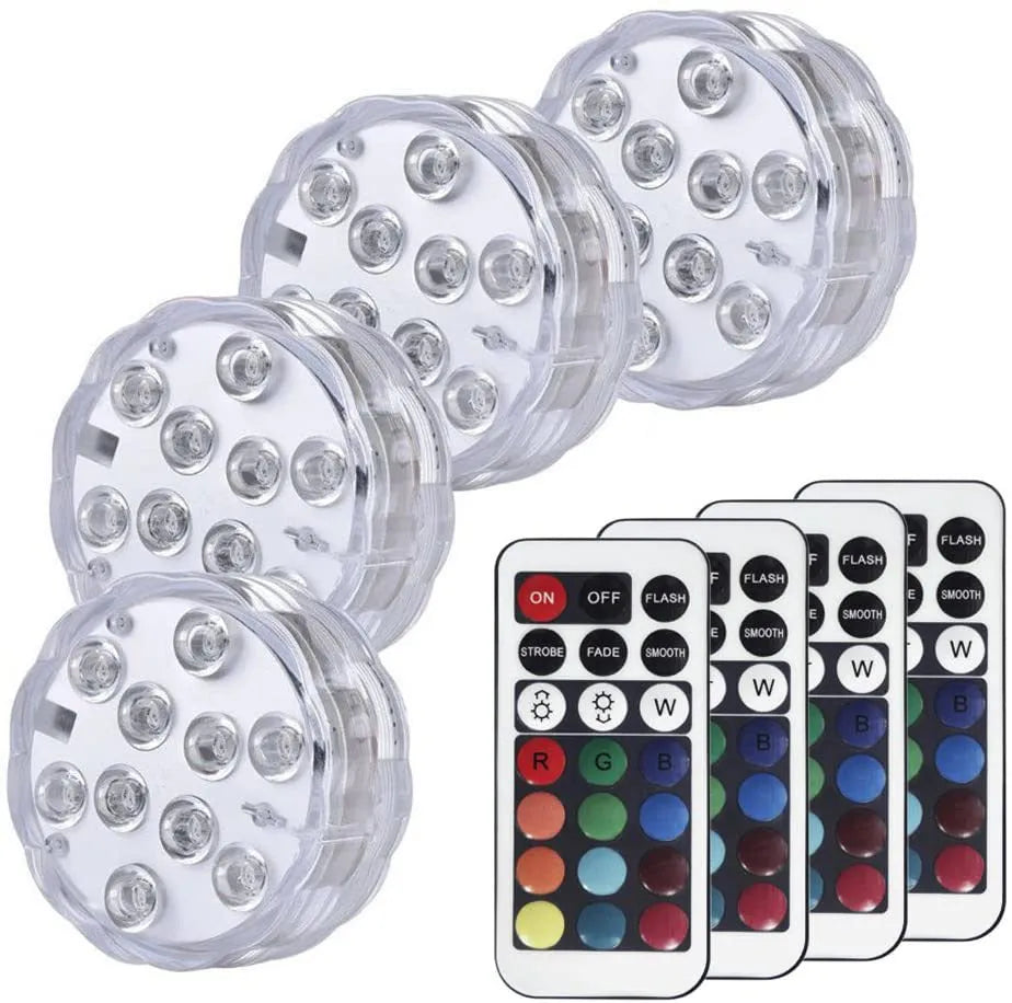 White round waterproof LED light with remote control for pools and ponds.