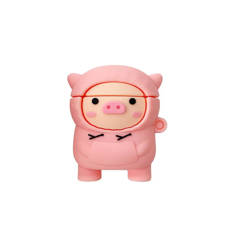 Pink silicone AirPods case cover with cartoon pig design and carrying hook attached