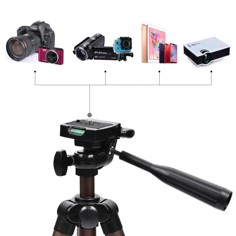 Black 1.3m aluminium tripod with Bluetooth remote and smartphone holder, compatible with Apple devices and cameras