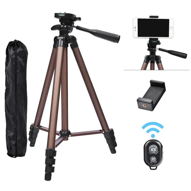 Black 1.3m aluminium tripod with Bluetooth remote and smartphone holder, compatible with Apple devices and cameras