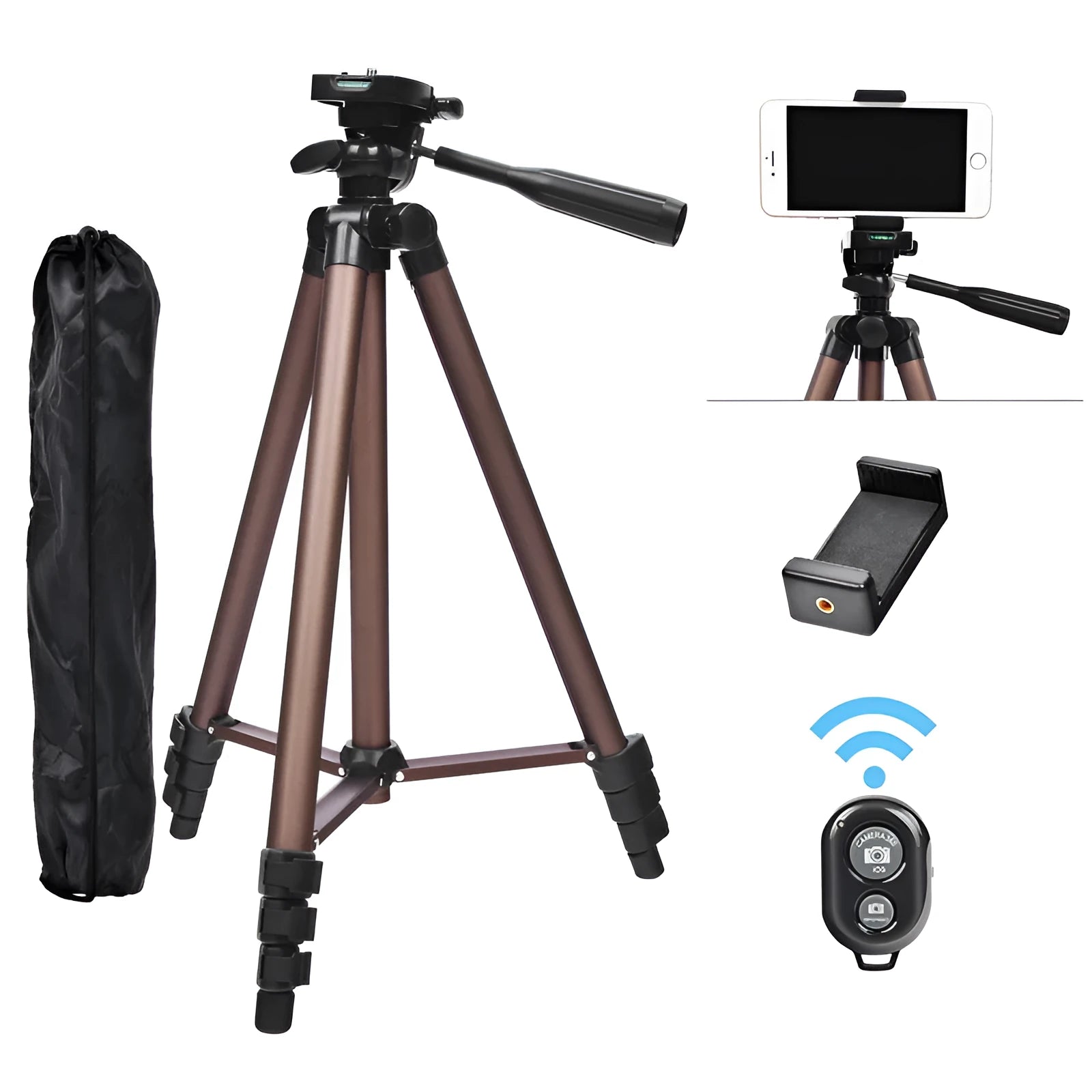 Black 1.3m aluminium tripod with Bluetooth remote and smartphone holder, compatible with Apple devices and cameras