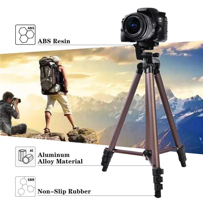 Black 1.3m aluminium tripod with Bluetooth remote and smartphone holder, compatible with Apple devices and cameras