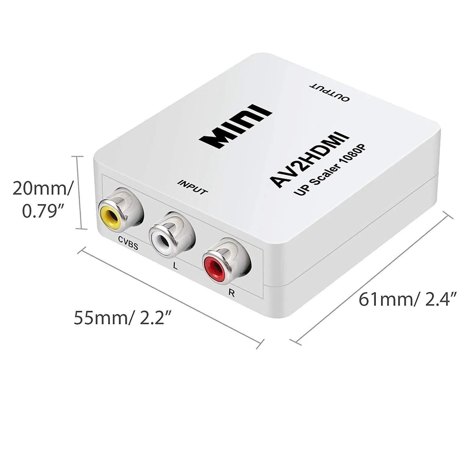 Compact black AV to HDMI converter with 0.5 metre cable connecting to television