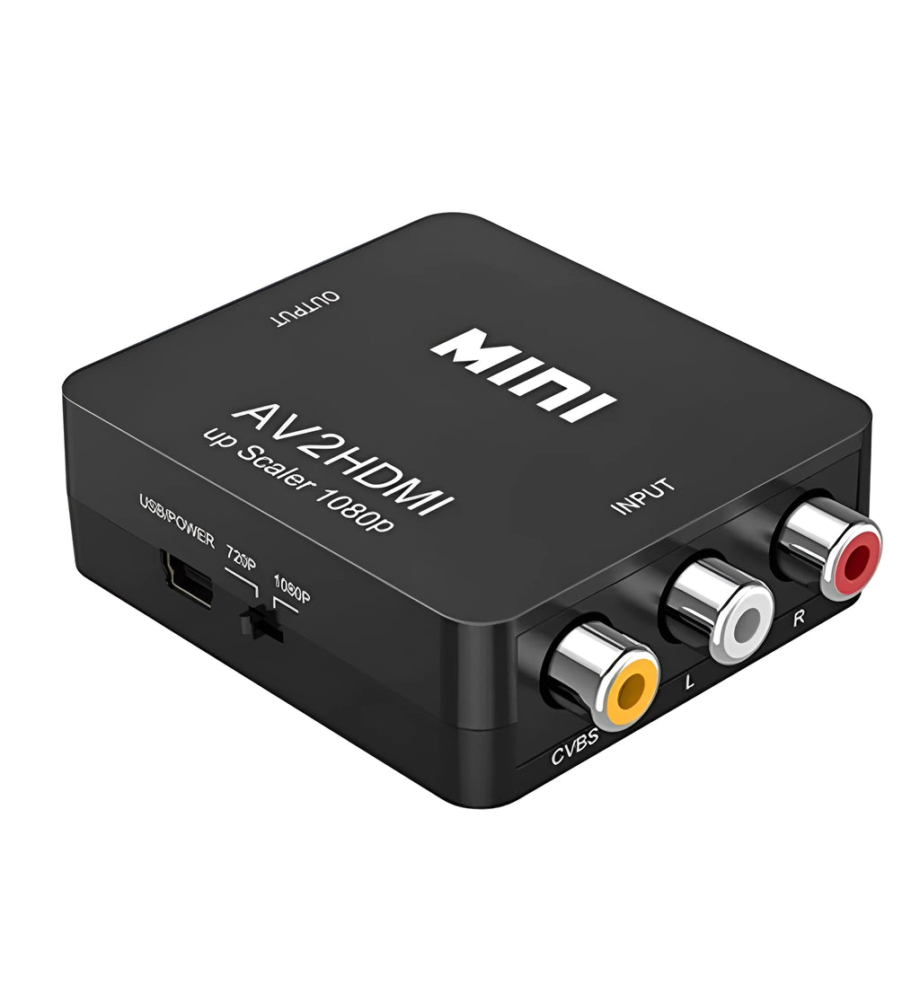 Compact black AV to HDMI converter with 0.5 metre cable connecting to television