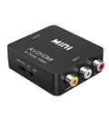 Compact black AV to HDMI converter with 0.5 metre cable connecting to television