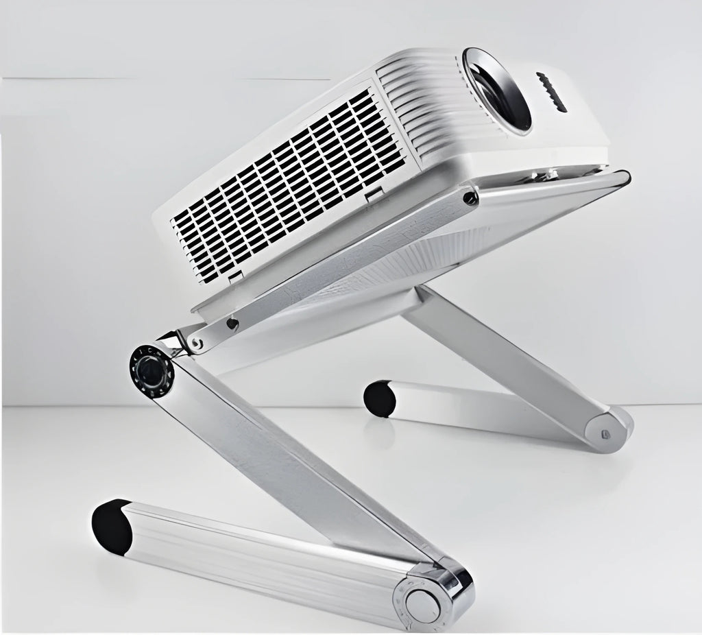 Multi-kinetic energy folding stand with aluminium alloy desktop, 10kg load capacity, small tray 30-24 cm, white colour option