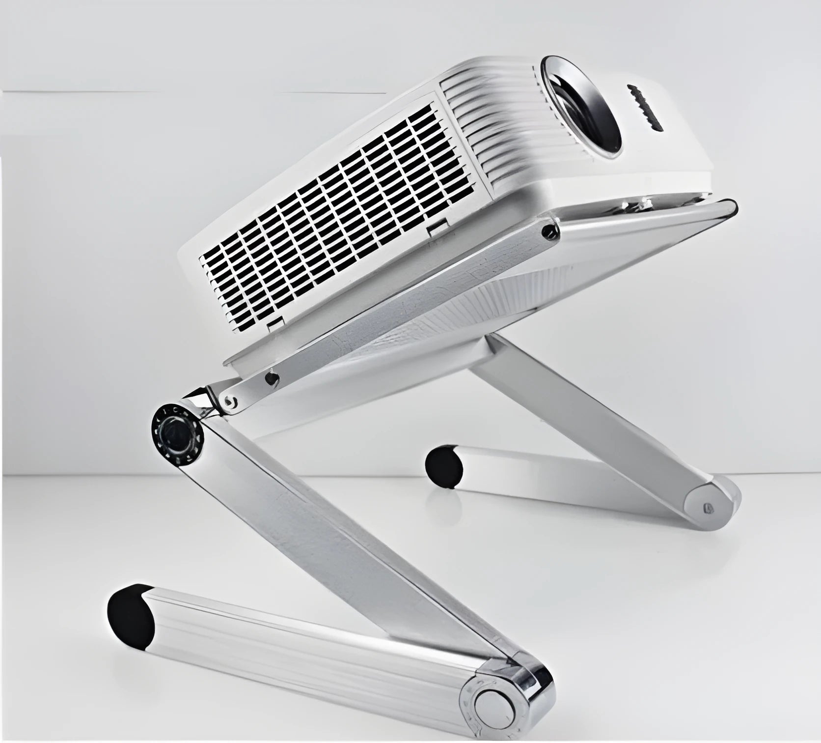 Multi-kinetic energy folding stand with aluminium alloy desktop, 10kg load capacity, small tray 30-24 cm, white colour option